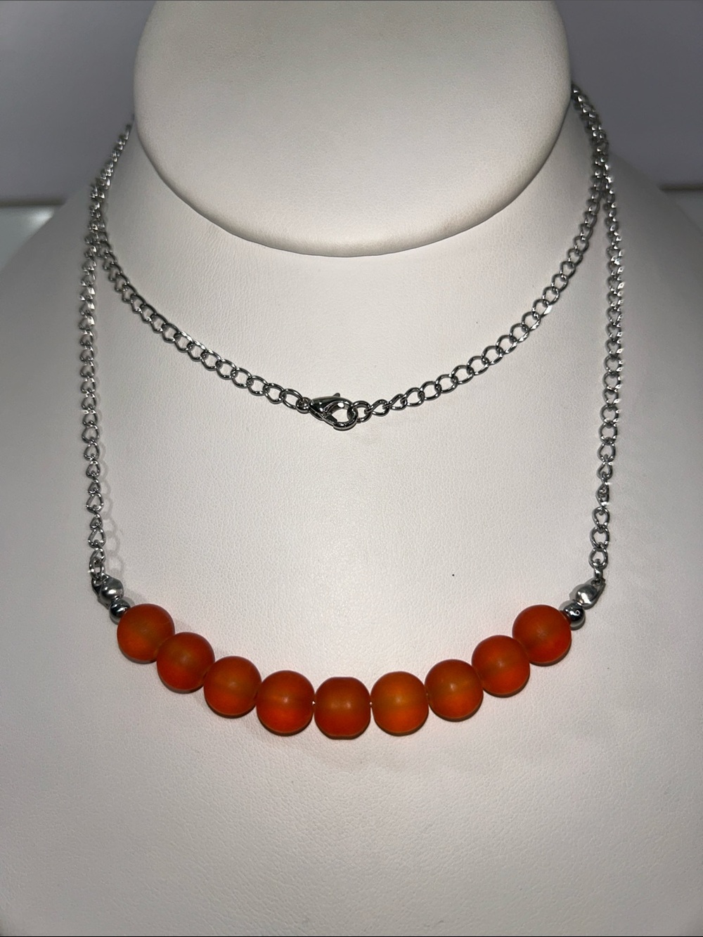 New Artisan Handmade Orange Frosted Glass Beaded Necklace - Stainless Steel